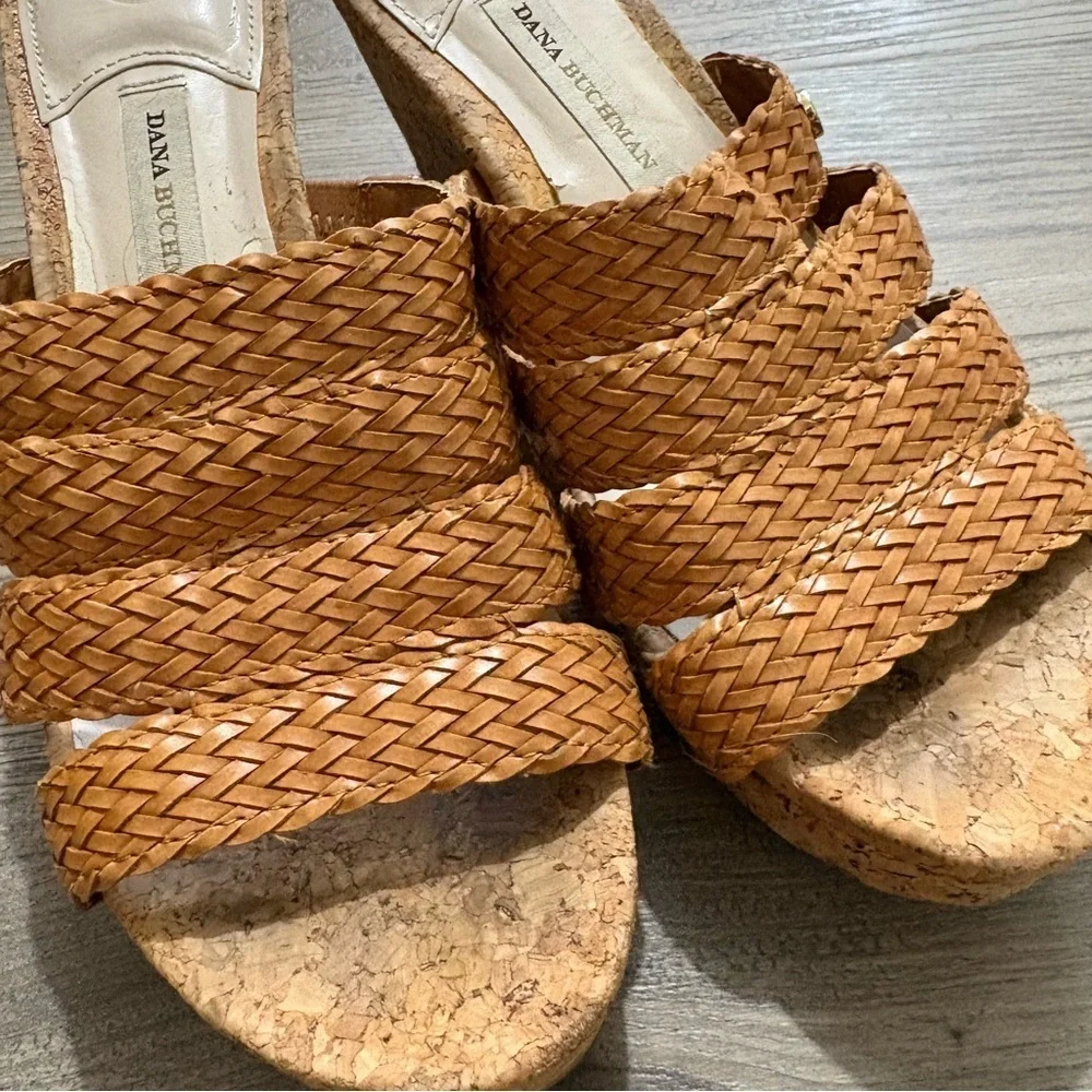 Dana Buchman Wedge Heels Peep Top Slip on‎ Sandals Woven Cork Sz 8 M Boho